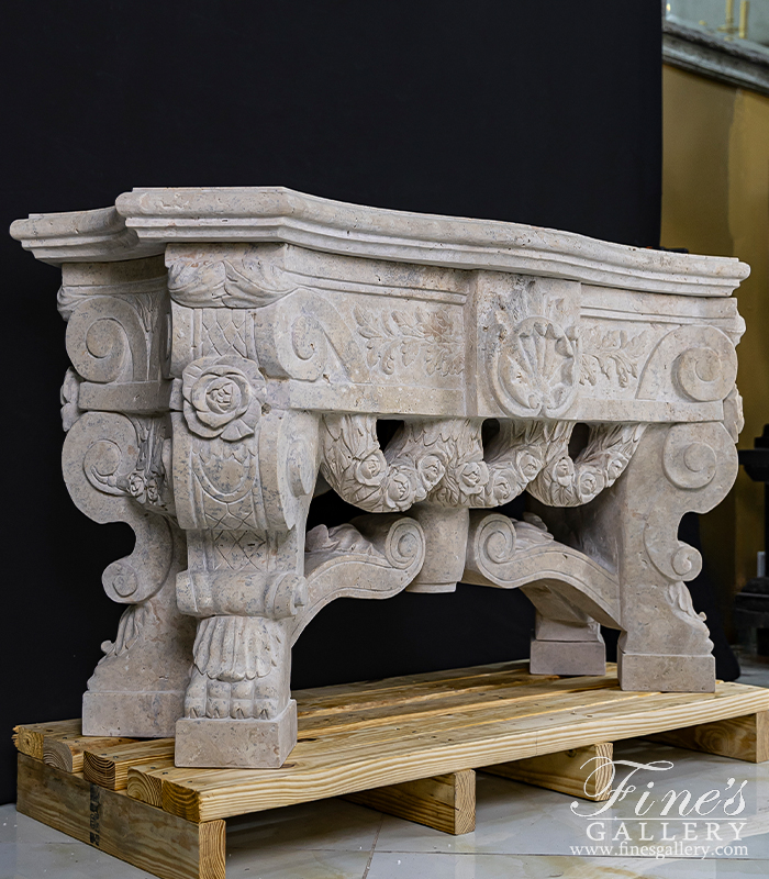 Marble Tables  - Ornately Carved Table In Classic Light Travertine - MT-266